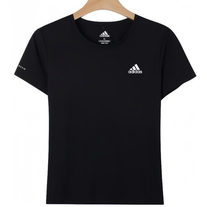 【UZ8165B】adidas toza paxta bosilgan qisqa yengli qora ayollar kiyimi - Image 1