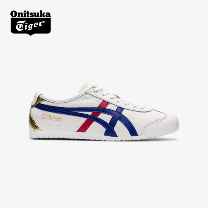 【8803】Onitsuka Tiger MEXICO 66™ Erkaklar va Ayollar uchun yozgi Retro Oltin shtamplangan kundalik oq poyabzal Oq/Toʻq Moviy - 图片 1